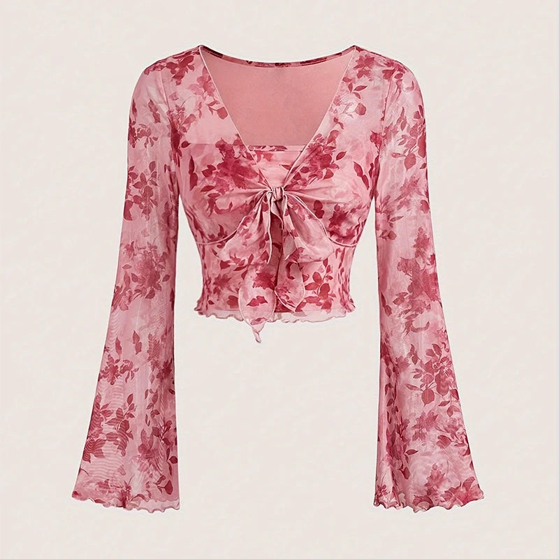 Women’s Y2K Floral V-Neck Top – Mesh Flare Sleeve Lace-Up Shirt