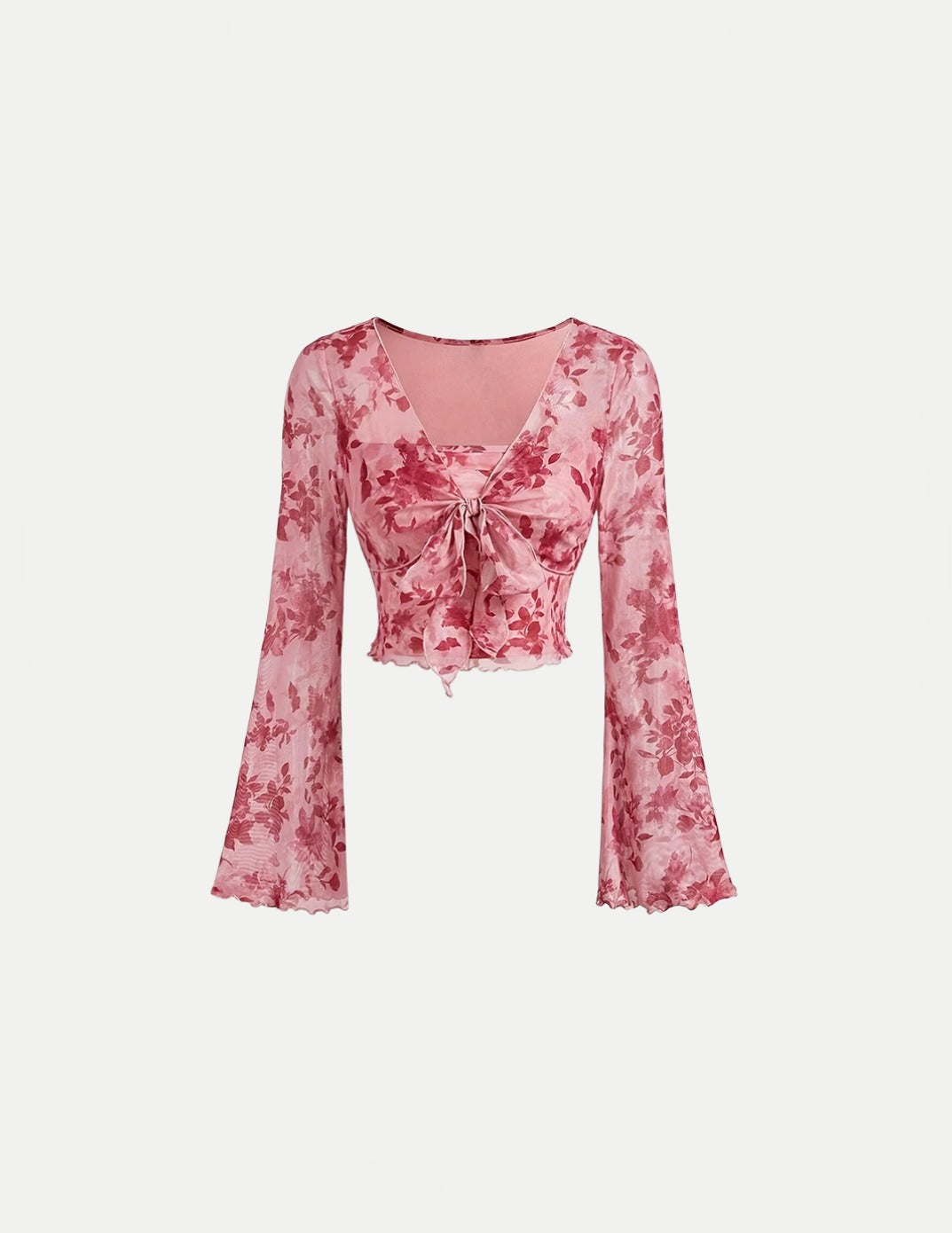 Women’s Y2K Floral V-Neck Top – Mesh Flare Sleeve Lace-Up Shirt