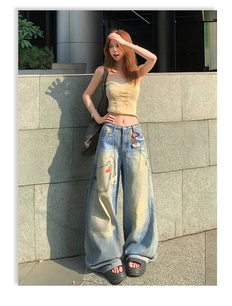 Mary's American Retro 3D Printed Chain Design Loose Wide Leg Denim Jeans