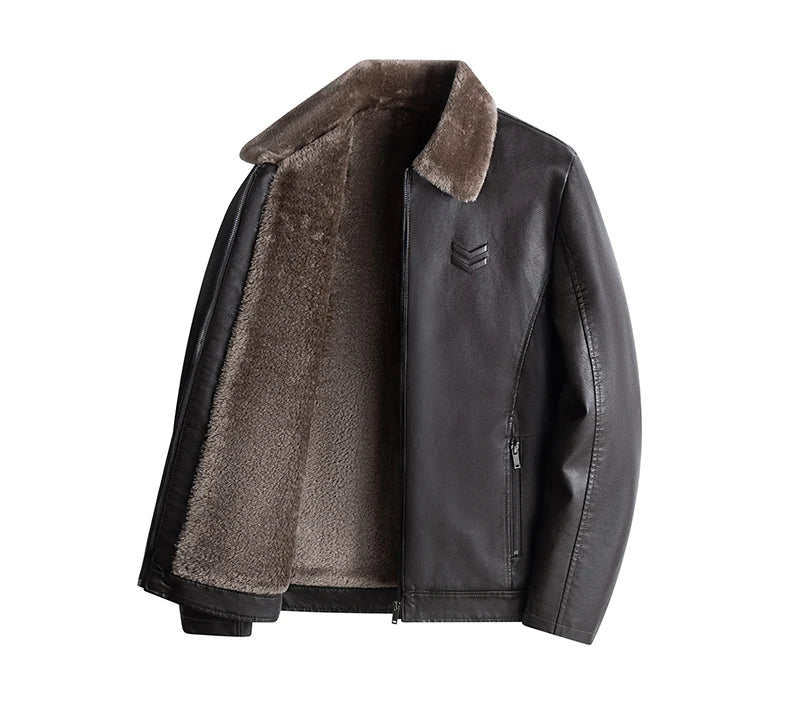 Men’s Fleece-Lined Leather Jacket – Autumn & Winter Business Casual Coat