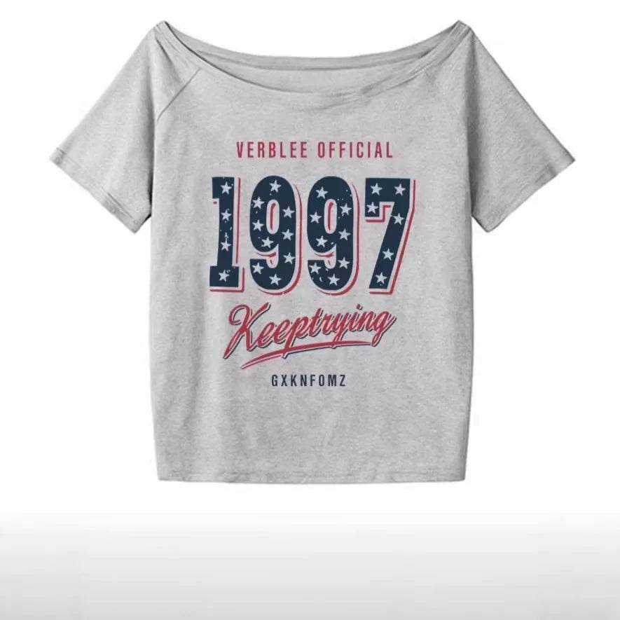 Women’s Summer Letter Print T-Shirt – American Retro Star Short Sleeve Slim Fit Streetwear Top