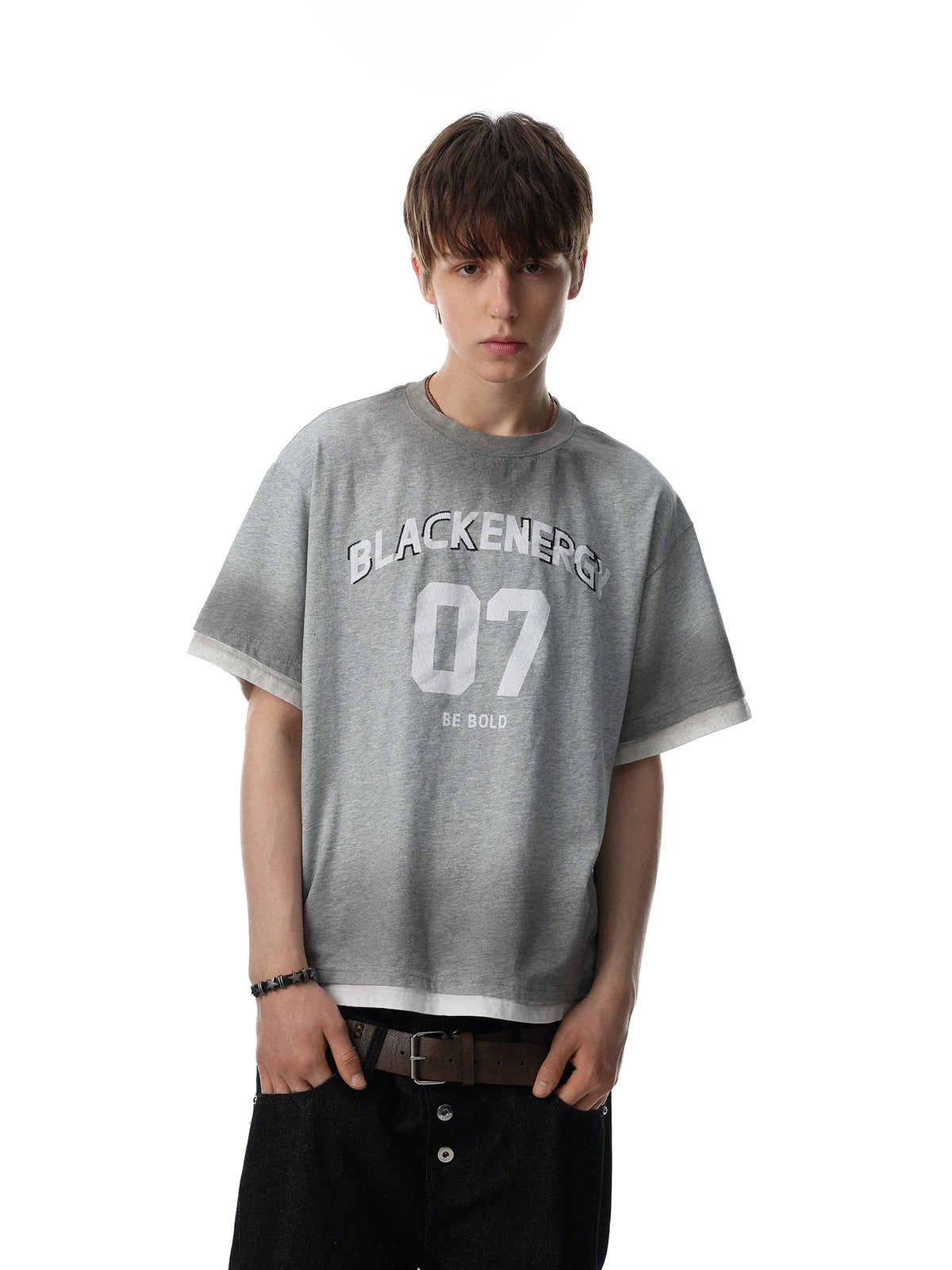 Men’s Retro Letter Print T-Shirt – Loose Fit Cotton Short Sleeve Fake Two-Piece Casual Tee