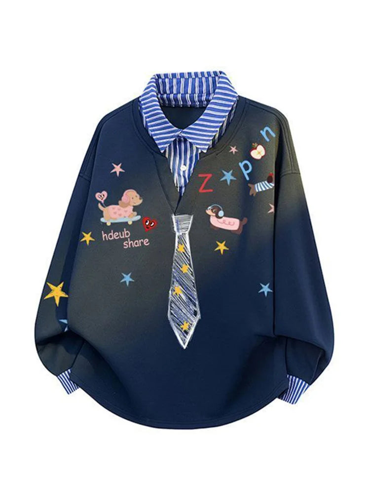 Women’s Kawaii Cartoon Print Sweatshirt – Loose-Fit Vintage Preppy Pullover, Cute Long Sleeve Patchwork Top
