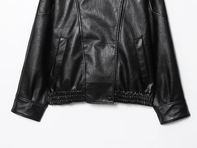 Women’s Oversized Faux Leather Bomber Jacket – Winter Fashion Coat