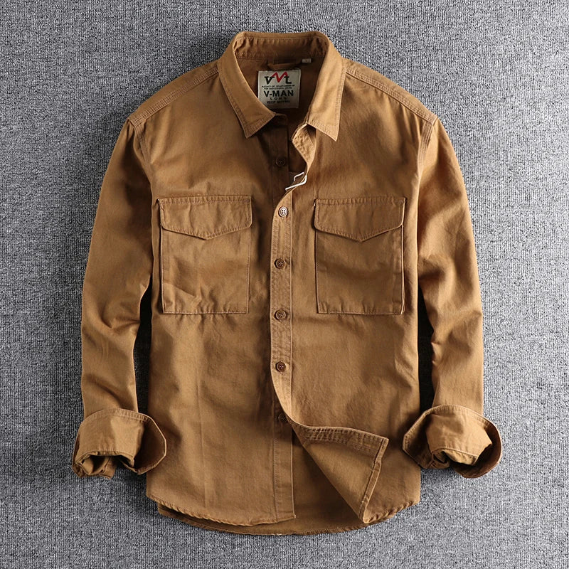 Men’s Retro Khaki Work Shirt Jacket – Solid Color Loose Fit with 3D Utility Pockets | Stylish Casual Autumn Overshirt