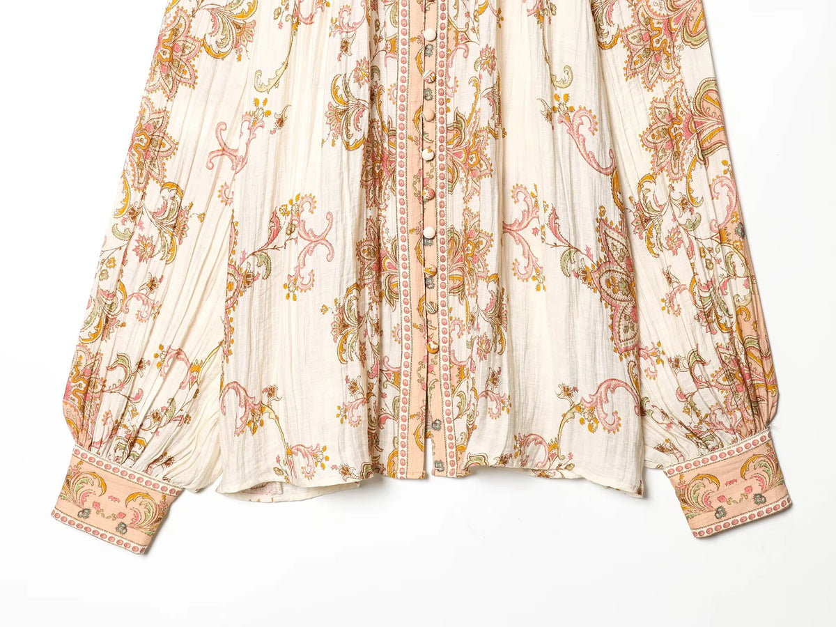 Women’s Retro Printed Pleated Blouse – Elegant Single-Breasted Top | Chic European & American Style