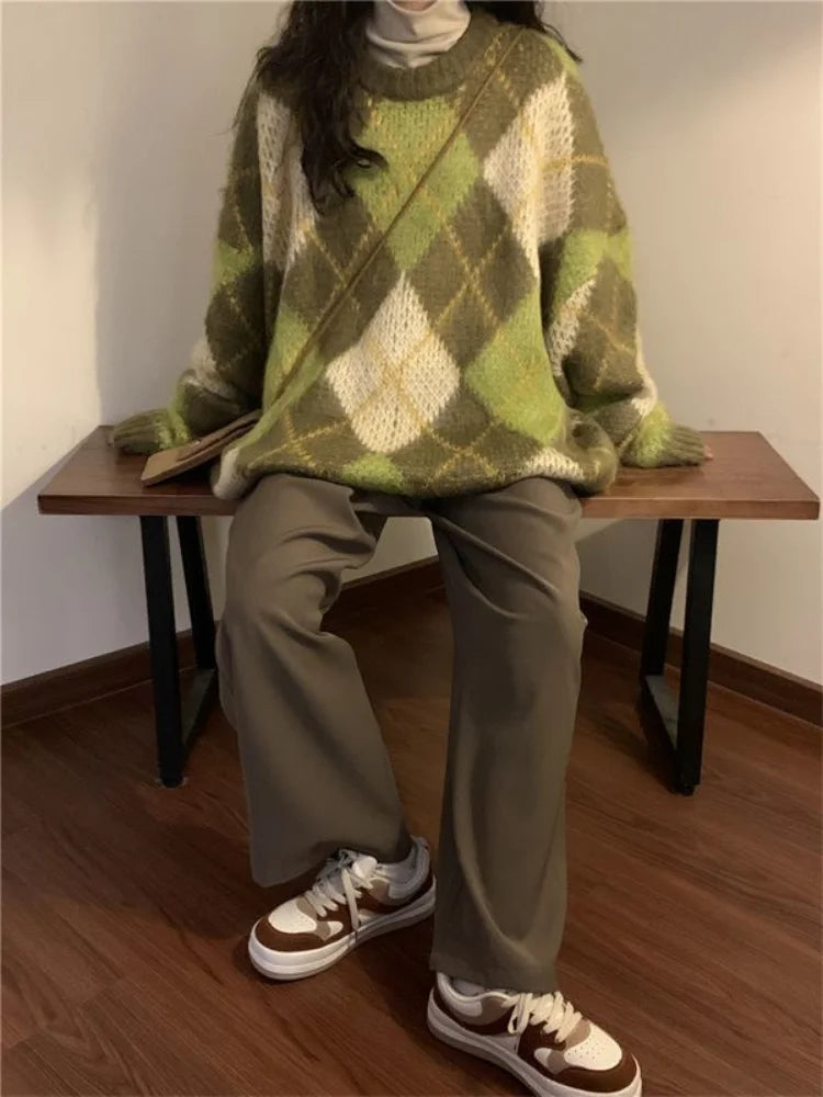 Women's Retro Argyle Pullover Sweater – Harajuku BF Style Oversized Knit