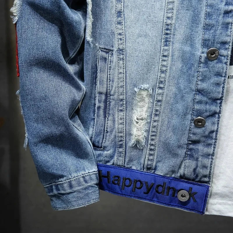Men Brand Denim Jacket Streetwear Punk Motorcycle Ripped Male Jeans Outwear