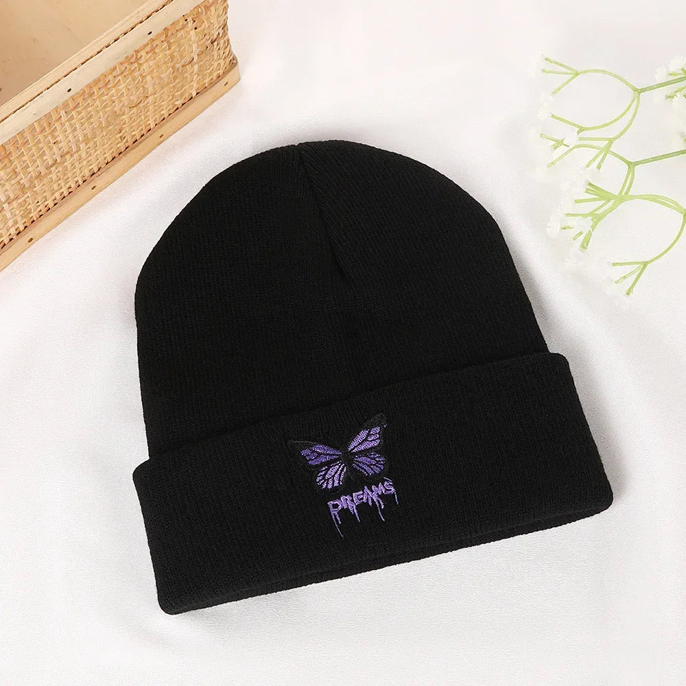 Women’s Cartoon Butterfly Knitted Beanie – Cute Crochet Winter Hat, Warm Autumn Outdoor Cap