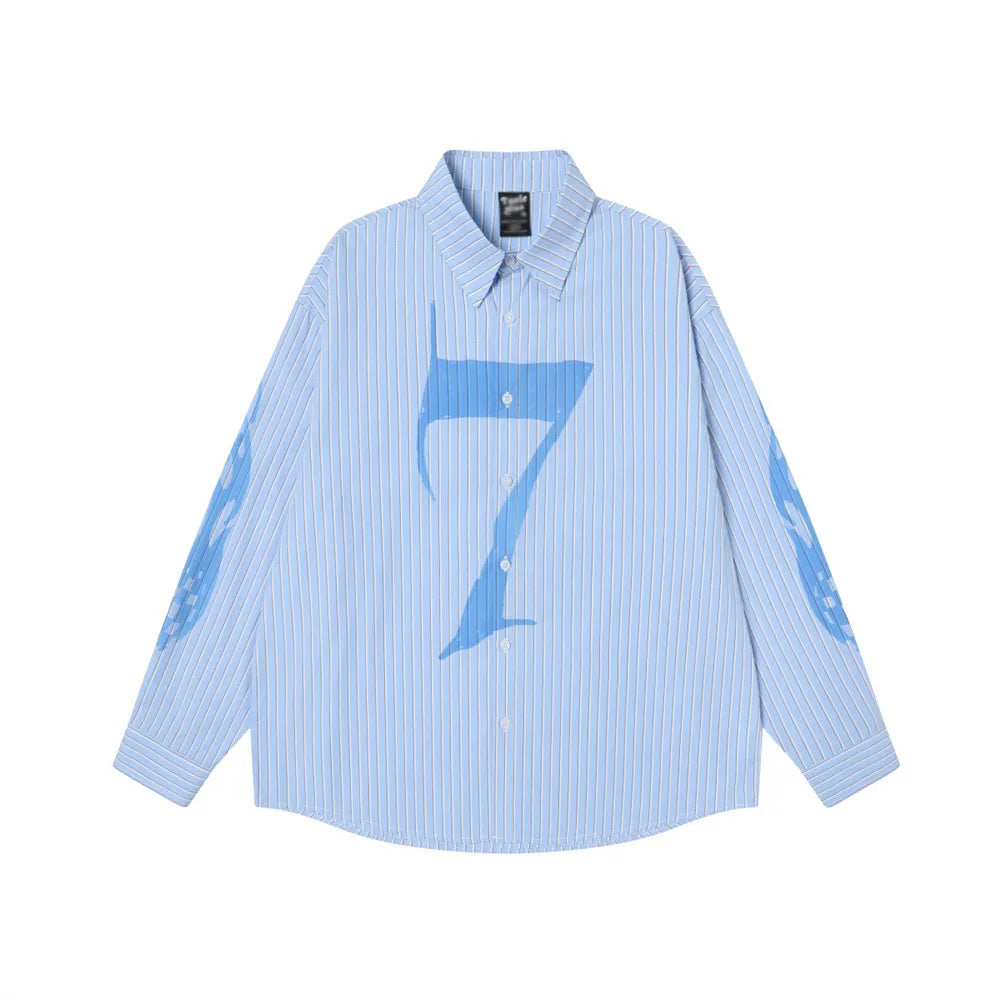 Men’s Striped Letter Print Shirt – Double-Sided Graphic Long Sleeve Button-Up, Loose Fit High Street Autumn Shirt