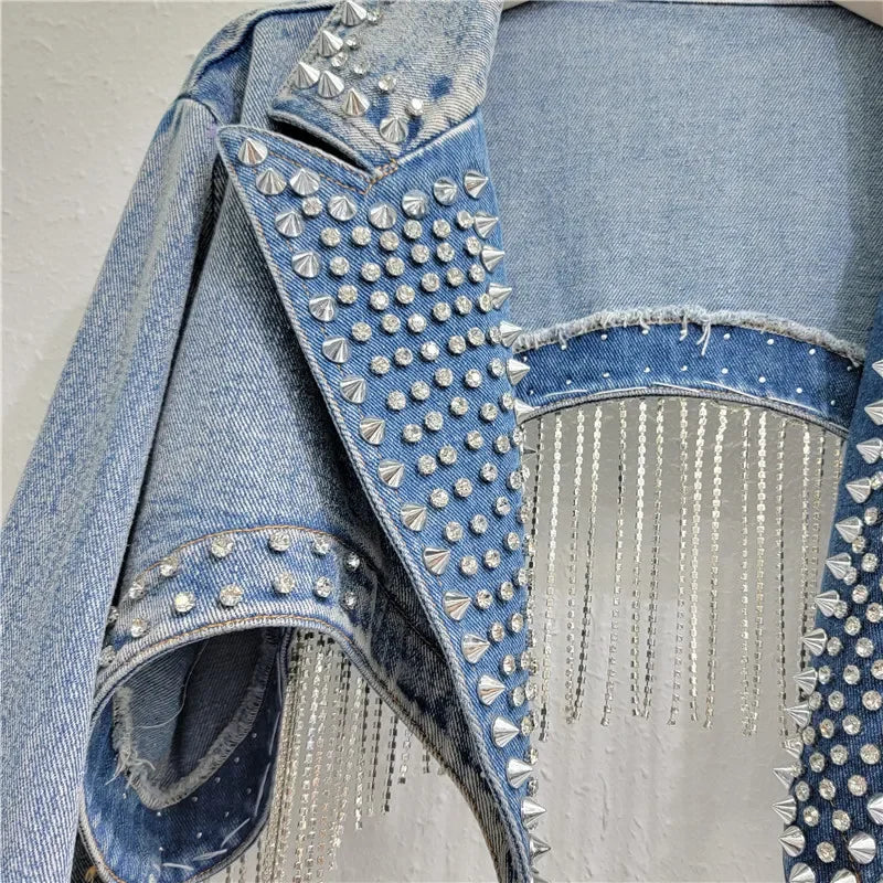 Rhinestone Beaded Tassels Rivets Denim Jacket Short Backless Jeans Coat