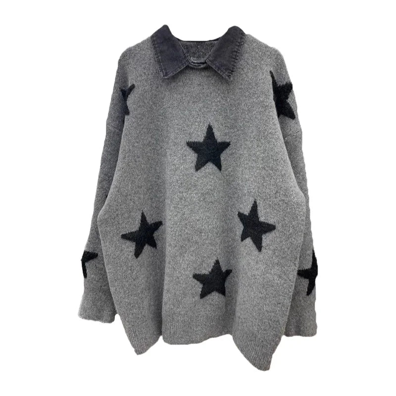 Women’s Star Embroidered Knit Sweater – Loose Fit Long Sleeve Casual Pullover, Comfortable Spring & Autumn Outerwear