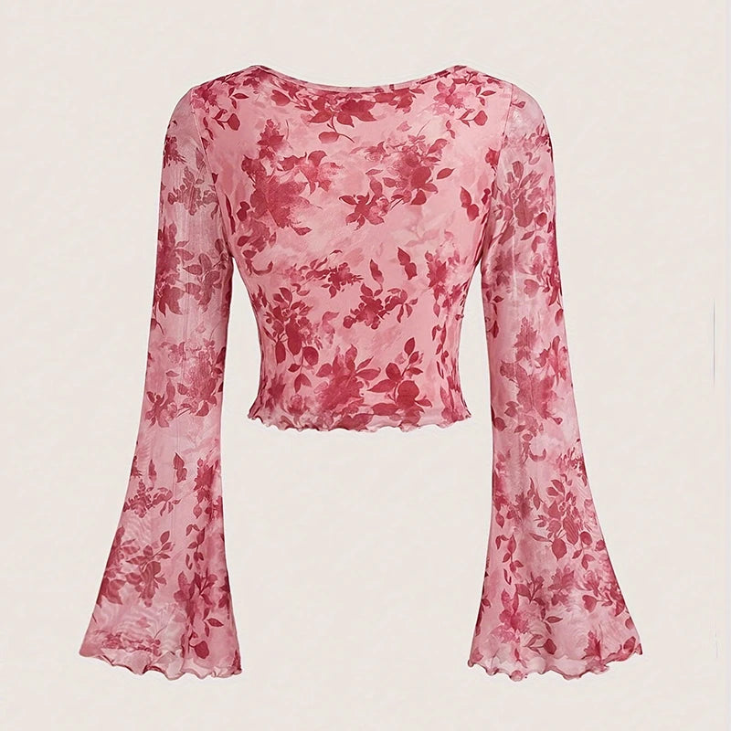 Women’s Y2K Floral V-Neck Top – Mesh Flare Sleeve Lace-Up Shirt