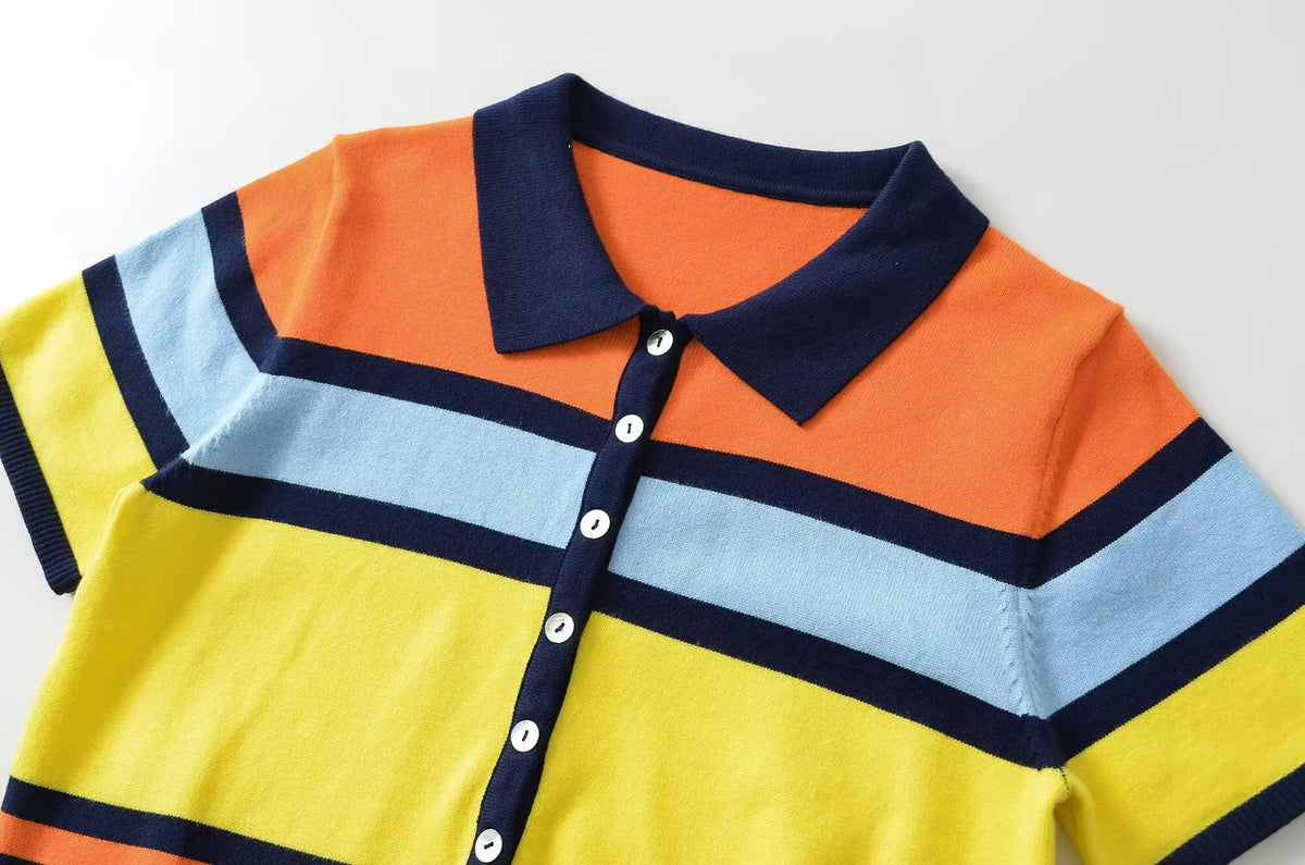 Women’s Striped Knitted Polo Shirt – Colorful Short Sleeve Summer Pullover Top