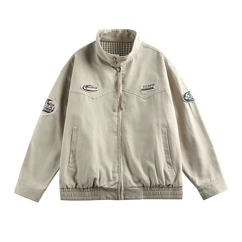 Unisex American Retro Workwear Jacket – Loose Fit Collared Casual Spring & Autumn Outerwear