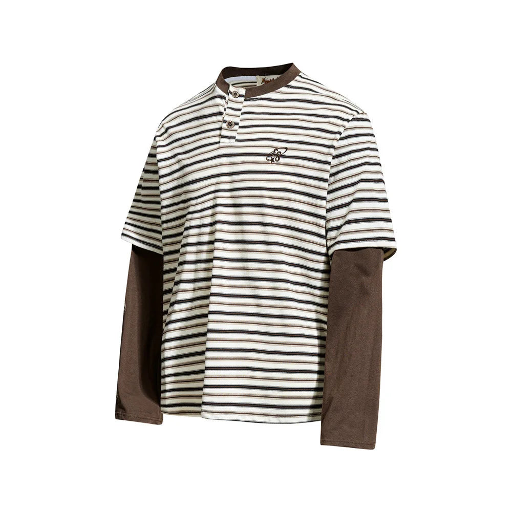 Men’s Striped Faux Two-Piece T-Shirt – Loose Fit Long Sleeve American Streetwear Top