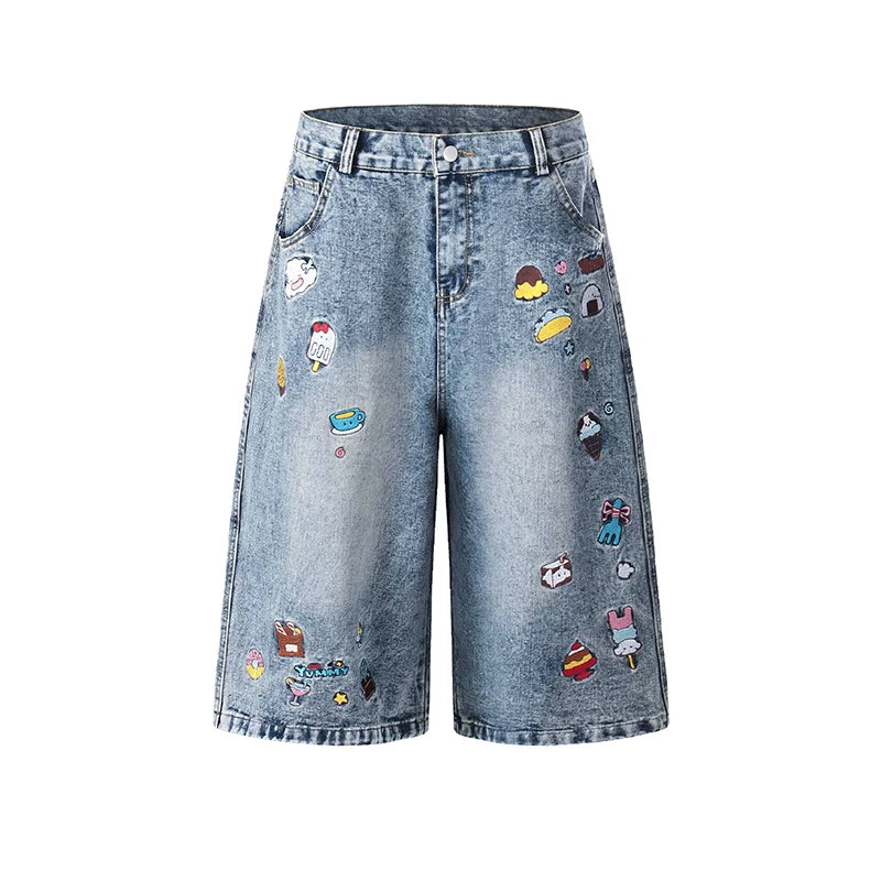 Women’s High-Waist Denim Shorts – Retro Blue Loose-Fit Embroidered Summer Shorts | Plus Size