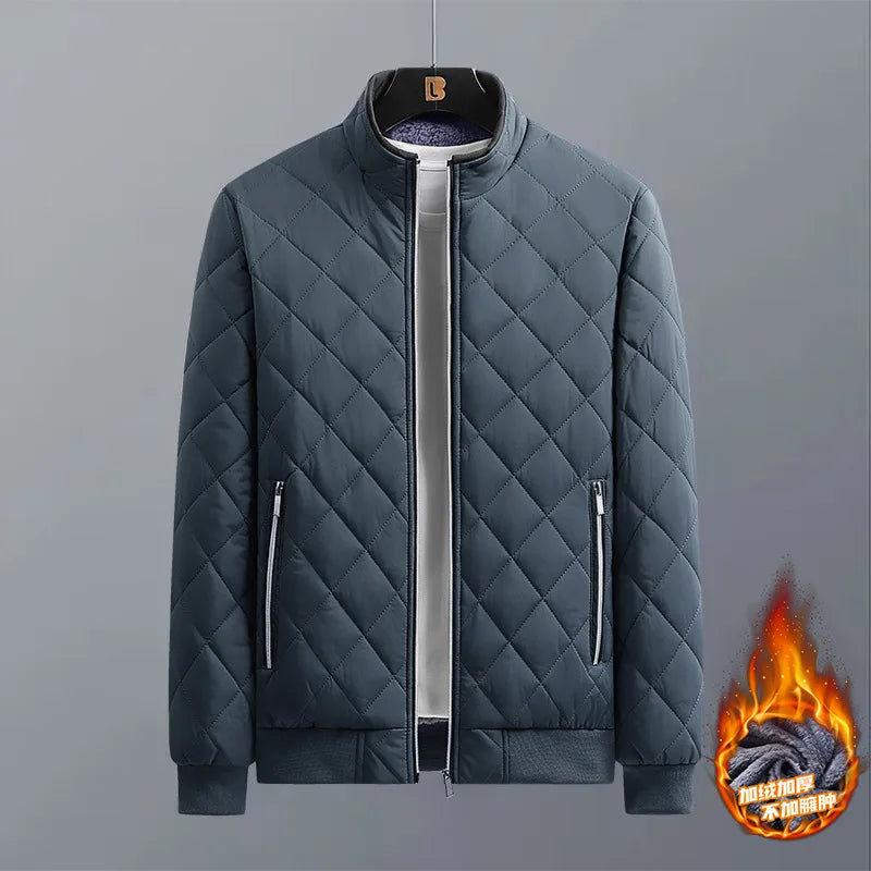 Men’s Winter Bomber Jacket – Diamond Pattern Fleece-Lined Casual Coat