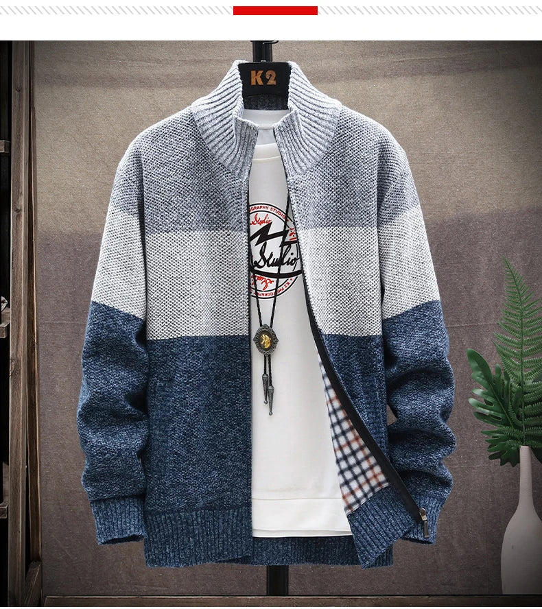 Men’s Winter Fleece Cardigan – Zipper Knit Sweater, Striped Casual Jacket