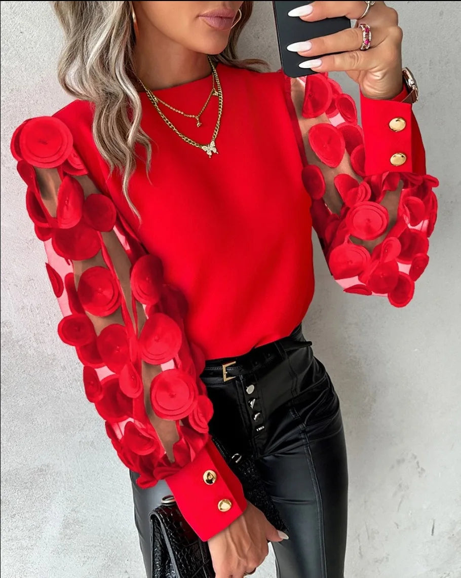Women’s Lace Floral Blouse Top | Elegant Long Sleeve O-Neck Loose Fit Casual Shirt – Spring Summer