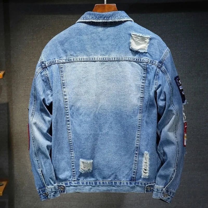 Men Brand Denim Jacket Streetwear Punk Motorcycle Ripped Male Jeans Outwear