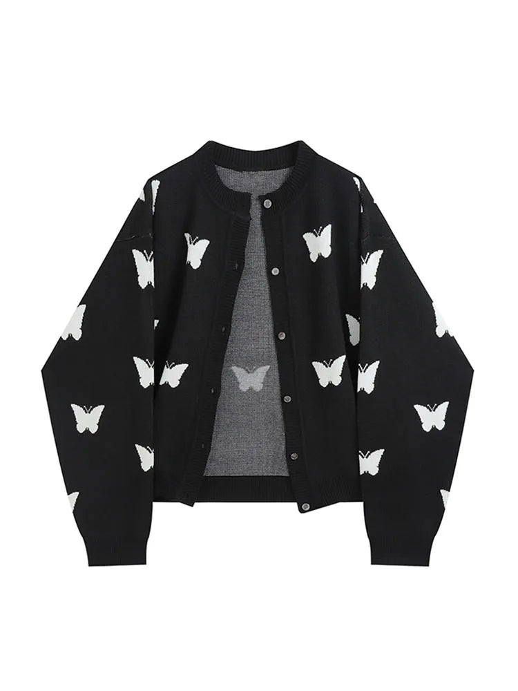 Women’s Y2K Butterfly Cardigan – Korean Vintage Gothic Long Sleeve Sweater, Loose Harajuku Casual Knitwear