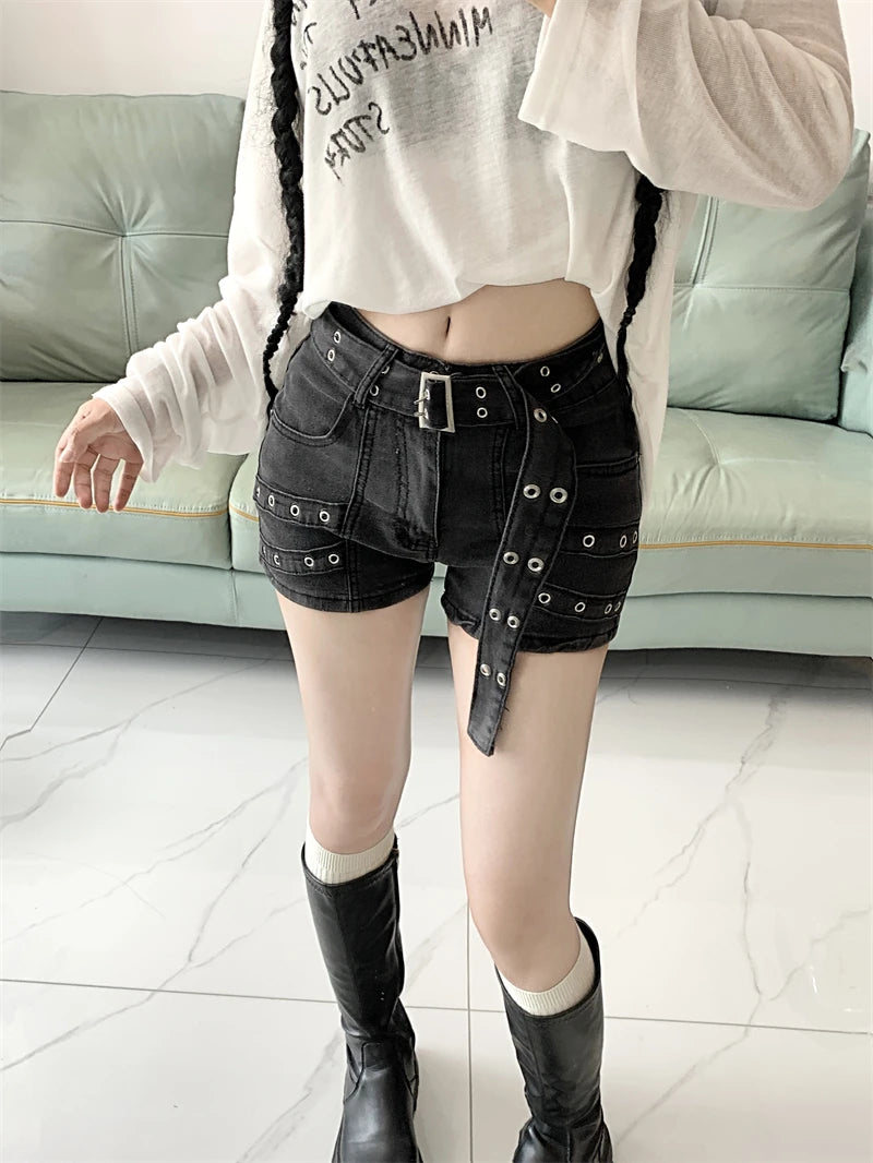 Women’s Black Gothic Denim Shorts – Y2K Vintage Cowboy Jorts | Harajuku Streetwear