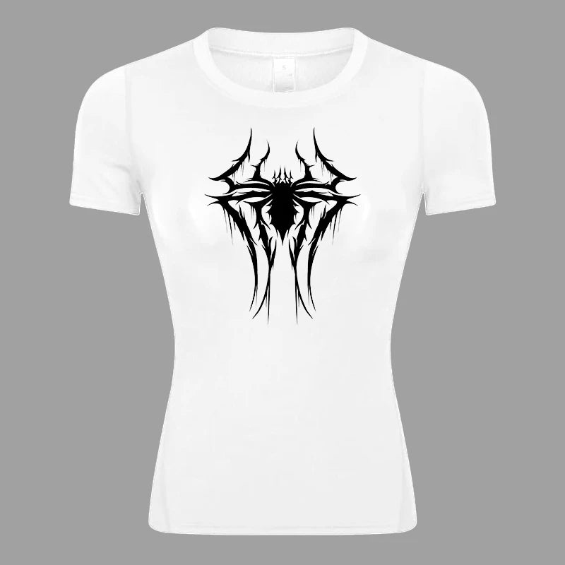 Women’s Spider Print Compression Shirt – Short Sleeve Athletic Top for Running, Gym & Yoga
