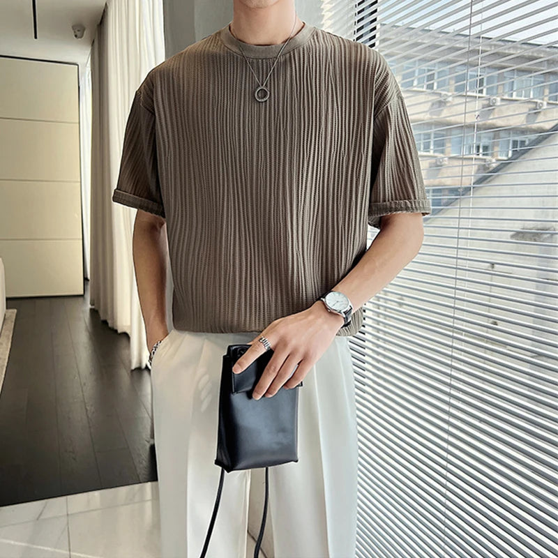 Men's Ice Silk Pleated T-Shirt – Casual Summer Crewneck Tee