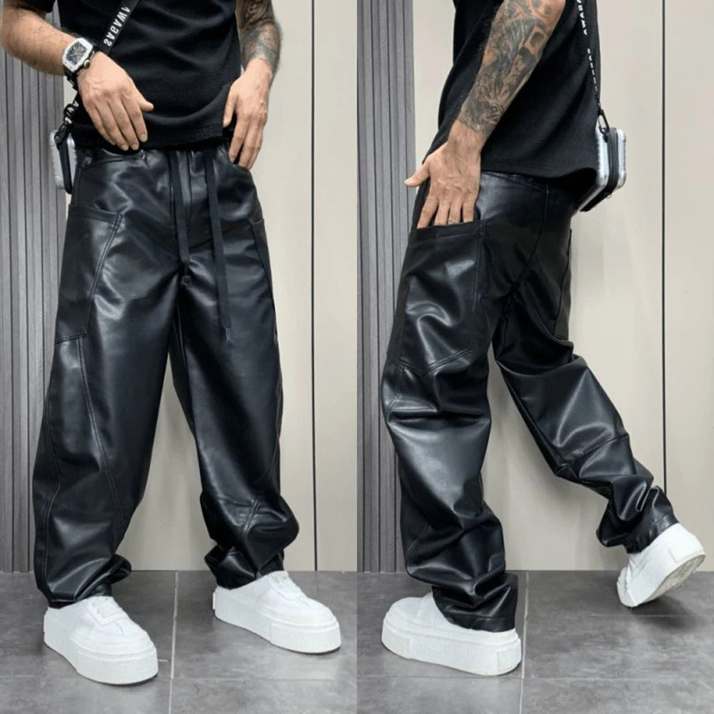 Men’s PU Leather Jogger Pants – Casual Streetwear Multi-Pocket Design