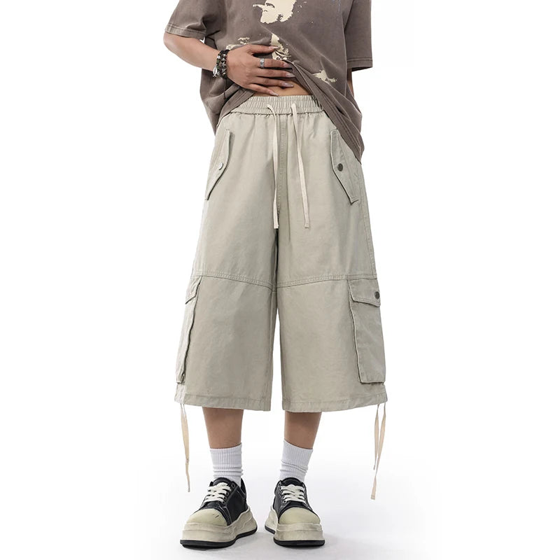 Unisex Wide-Leg Cargo Pants – Washed Cotton Baggy Calf-Length Streetwear Trousers