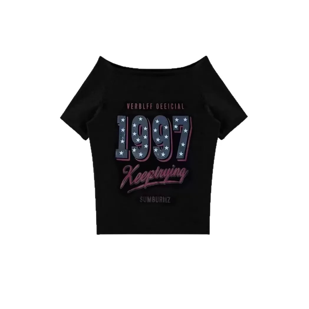 Women’s Summer Letter Print T-Shirt – American Retro Star Short Sleeve Slim Fit Streetwear Top