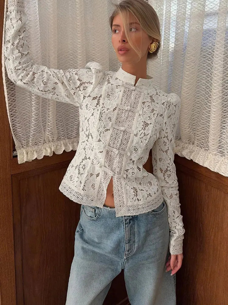 Women’s Summer Lace Blouse – Vintage Floral Printed Hollow Out See-Through Top, Elegant Short Sleeve Casual Shirt for Ladies