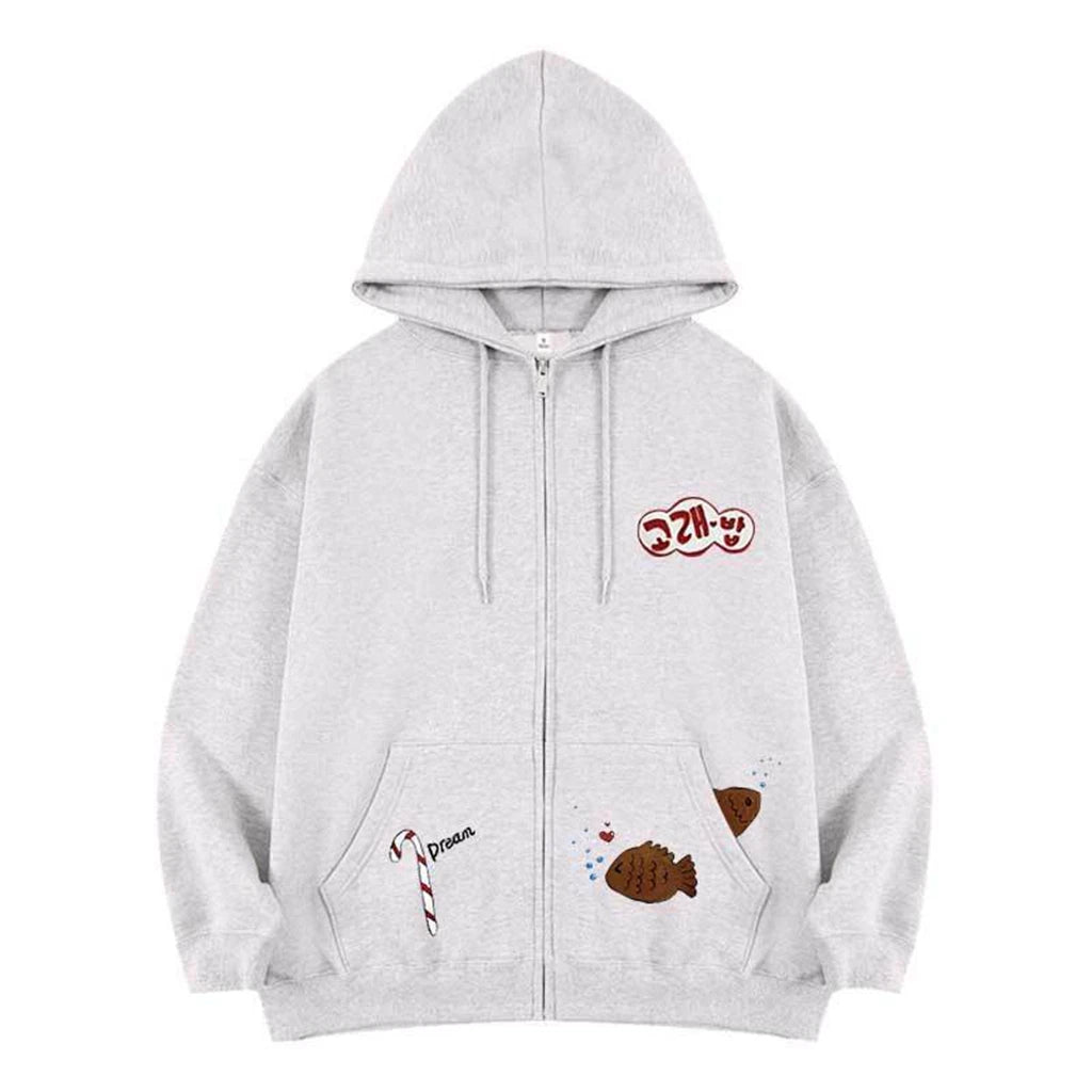 Women’s Y2K Fish Print Hoodie – Oversized K-Pop Streetwear Pullover Sweatshirt, Casual Loose Fit