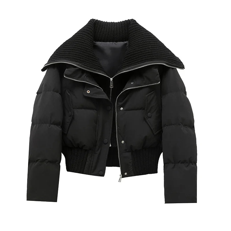Women’s Korean-Style Padded Jacket – Thick Cropped Two-Piece Look, Turn-Down Collar Winter Coat for Autumn & Winter