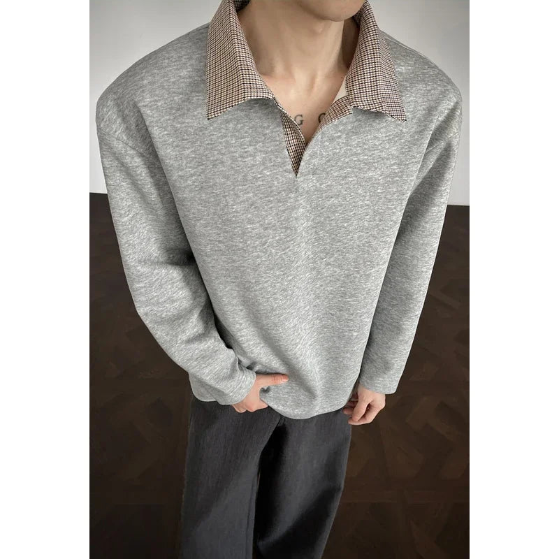 Men’s Contrast Grid Collar Shirt – Loose Fit Long Sleeve Casual Top