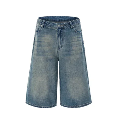 Men’s Lightning Crack Denim Shorts – Loose Wide-Leg Cropped Jeans | American Streetwear Casual Pants