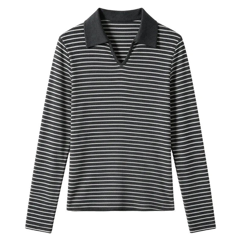 Women’s Striped Polo Shirt – Slim Fit Long Sleeve Y2K Casual Top