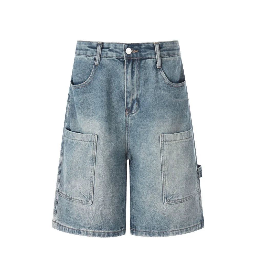 Men’s Retro Baggy Denim Shorts – Washed Distressed Knee-Length Carpenter Shorts | Loose Wide-Leg Casual Streetwear