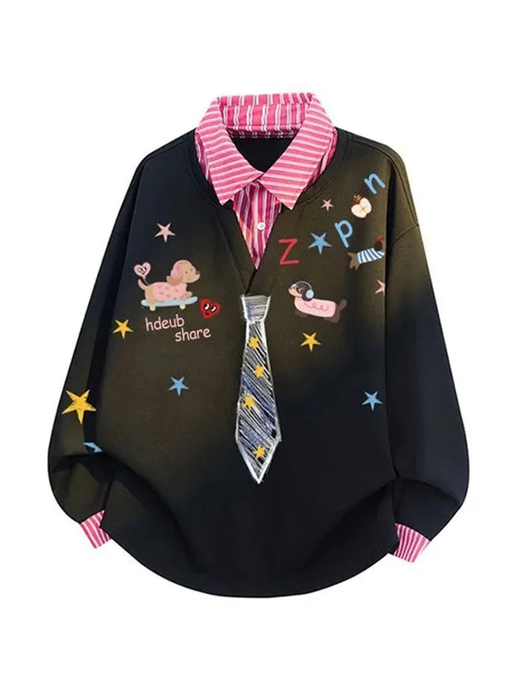 Women’s Kawaii Cartoon Print Sweatshirt – Loose-Fit Vintage Preppy Pullover, Cute Long Sleeve Patchwork Top