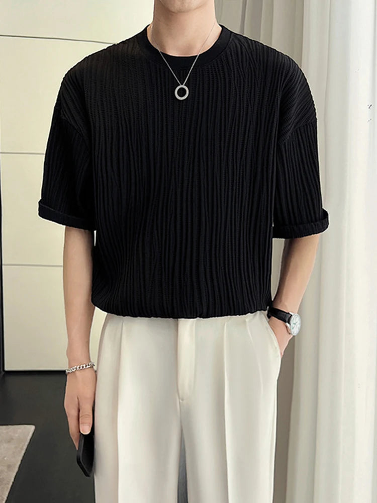 Men's Ice Silk Pleated T-Shirt – Casual Summer Crewneck Tee