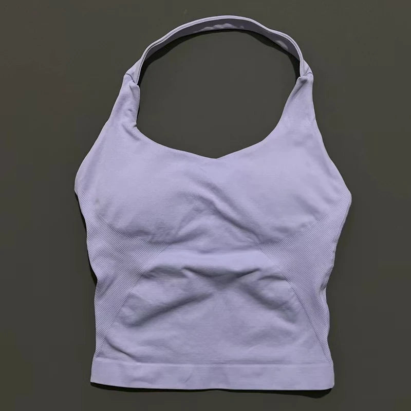 Women's Seamless Halterneck Longline Sports Tank Top – Ruched Gym Activewear