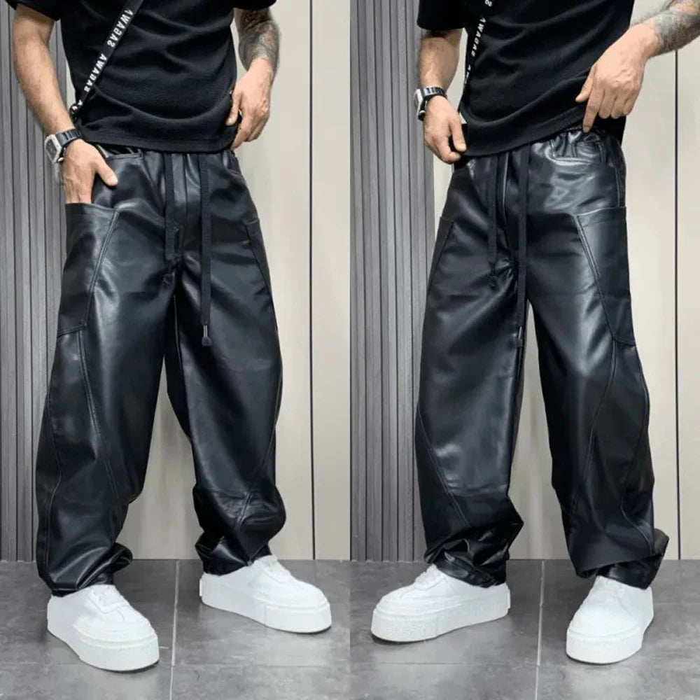 Men’s PU Leather Jogger Pants – Casual Streetwear Multi-Pocket Design