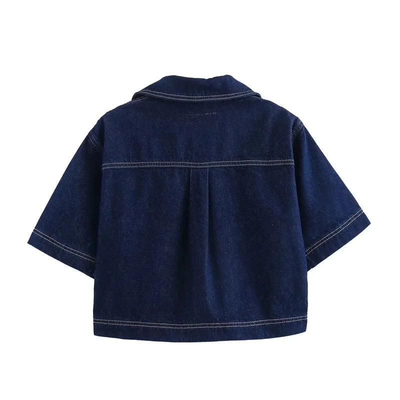 Women’s Blue Denim Cropped Shirt – Y2K Short Sleeve Top