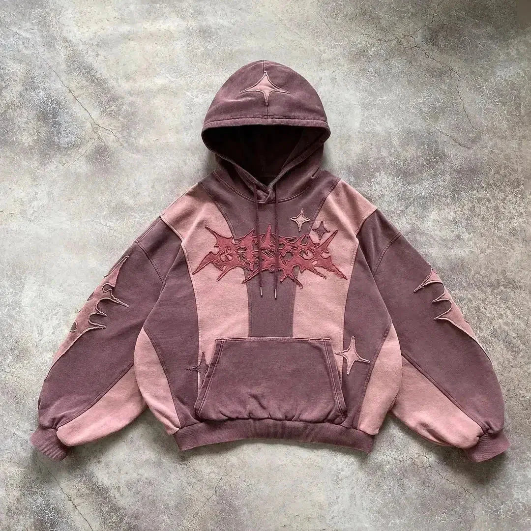 American street style high-end English embroidery collage hoodie with hat