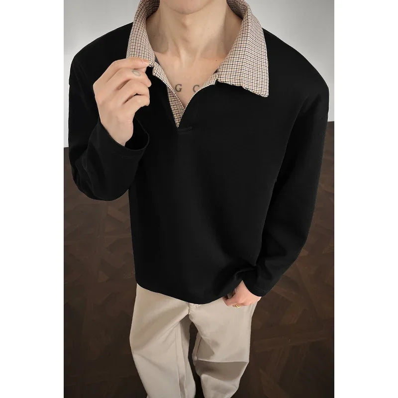 Men’s Contrast Grid Collar Shirt – Loose Fit Long Sleeve Casual Top