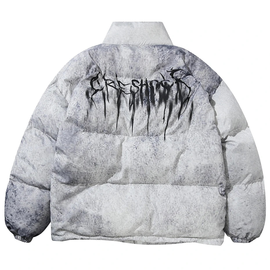 Men’s Y2K Oversized Puffer Parka – Letter Graphic Tie-Dye Winter Jacket, Warm Hip Hop Streetwear