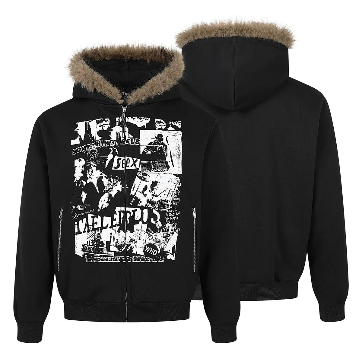 Unisex Retro Printed Hooded Jacket – Loose-Fit Long Sleeve Coat with Faux Fur Collar