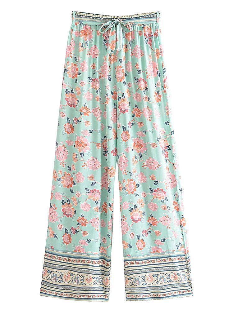 Women’s Floral Wide Leg Boho Pants – Vintage Chic High-Waisted Rayon Trousers