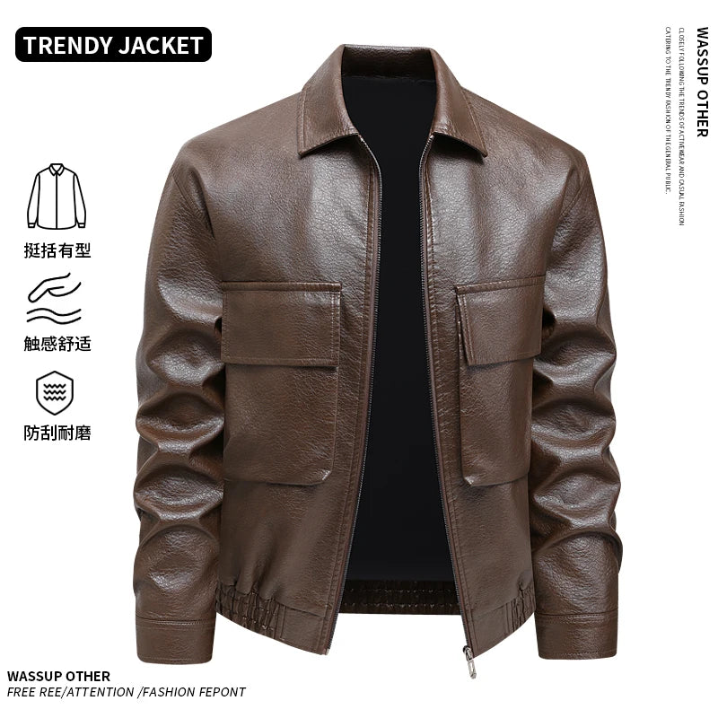 Men’s Slim-Fit Leather Jacket – Korean Lapel Windbreaker Coat | Stylish Spring & Autumn Casual Outerwear